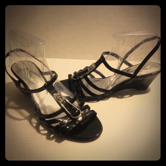 Etienne Aigner black silver emblem wedge heels