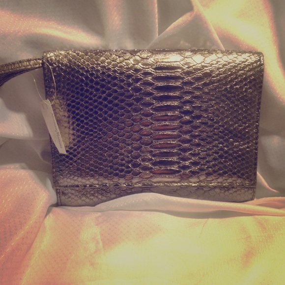 Neiman Marcus metallic snakeskin like large clutch