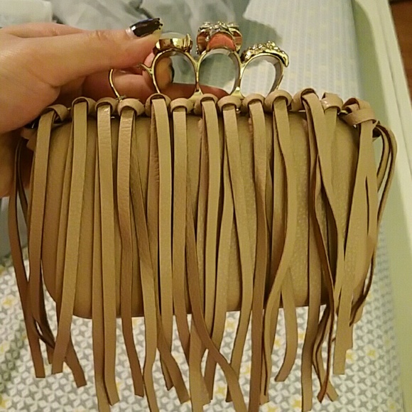 Brand new tan fringe skull with diamonds clutch!!