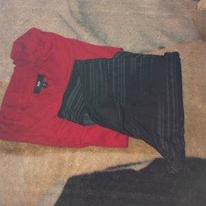 Red sweater & compression leggings.