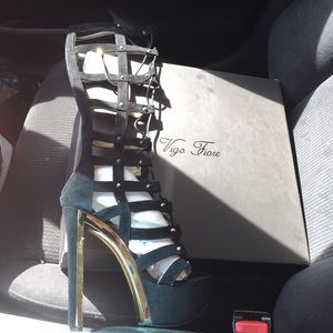 Black suede gladiator heels