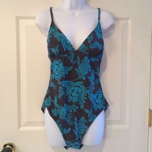 Gray and blue flowered one piece bathing suit
