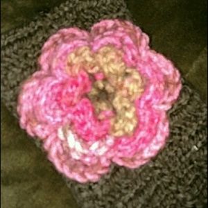 Brown with pink/burgundy flower ear warmer