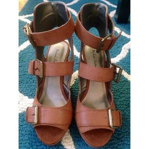 Michael Antonio Adan Peep-Toe Wedge Sandal, Cognac