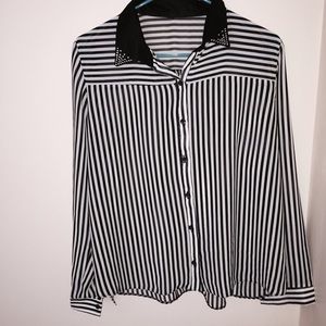 Black and white striped button up blouse.