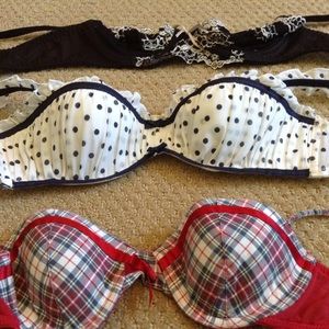 Polka dot, plaid, and lace bra pack