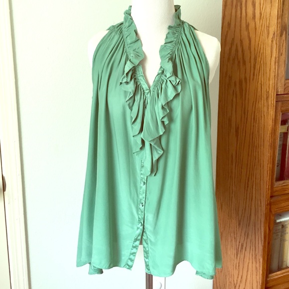 Gorgeous green silk top with ruffle neckline