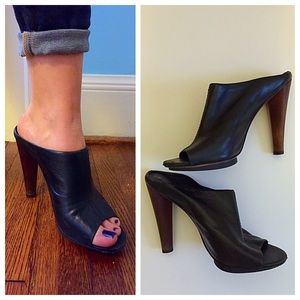 BCBG Black Leather & Wood Mules