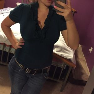 Blue ruffled button down blouse