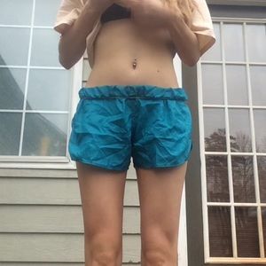 Teal trash bag shorts