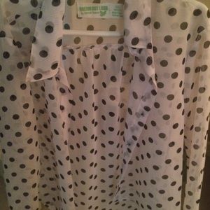 white and black polka dot scheer button up