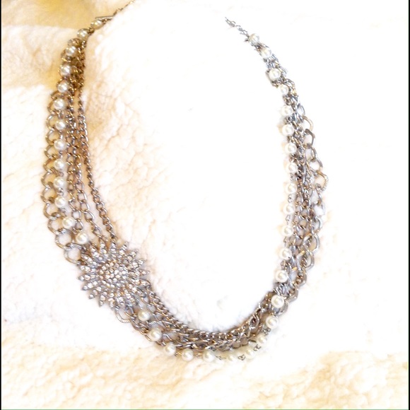 Silver & Pearl Necklace with Diamond Flower - Picture 1 of 1