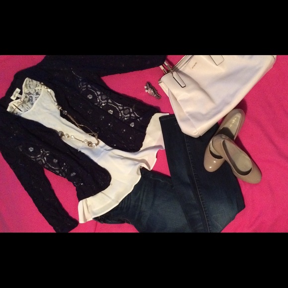 Dark navy blue lace blazer jacket cover top shirt