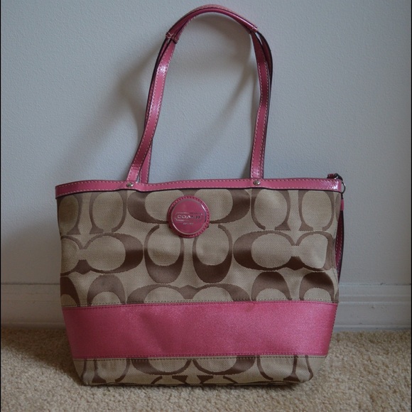 USED Coach Signature Stripe Tote - Watermelon