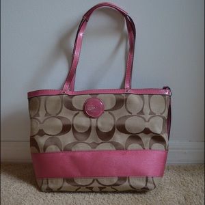 USED Coach Signature Stripe Tote - Watermelon