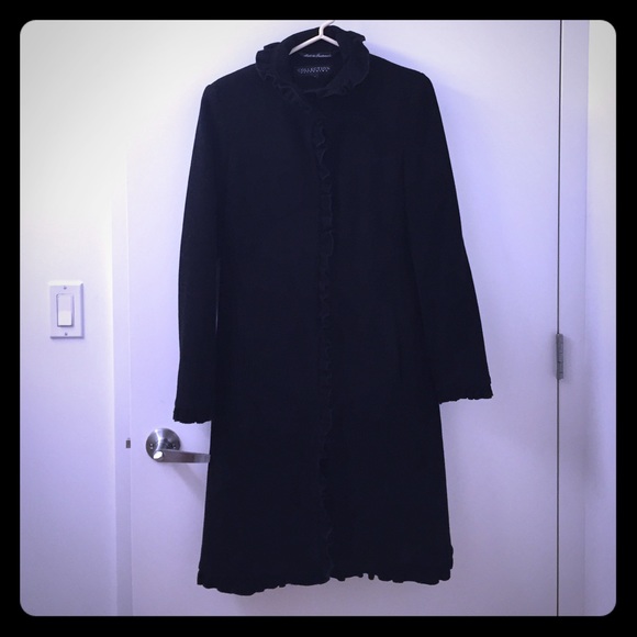 Black winter coat with ruffle trim details - Picture 1 of 4