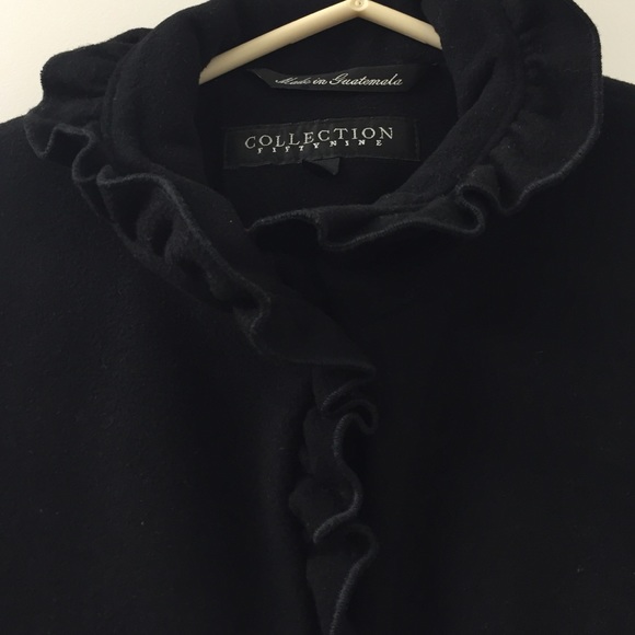 Black winter coat with ruffle trim details - Picture 2 of 4
