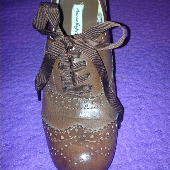 Brown, Oxford, Faux leather Heels - Picture 3 of 4
