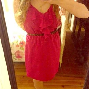 Hot pink front ruffle dress with belt