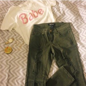 Forever 21 Olive Ripped Jeans