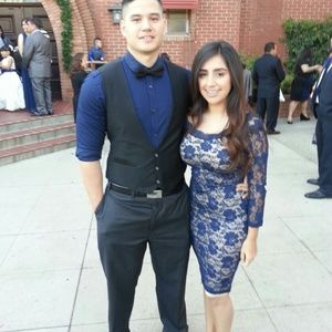 Navy Blue off the shoulders midi Lace Dress