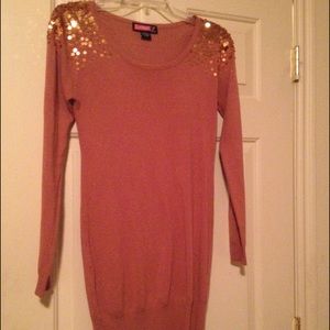 Taupe/pink sequin shoulder sweater dress