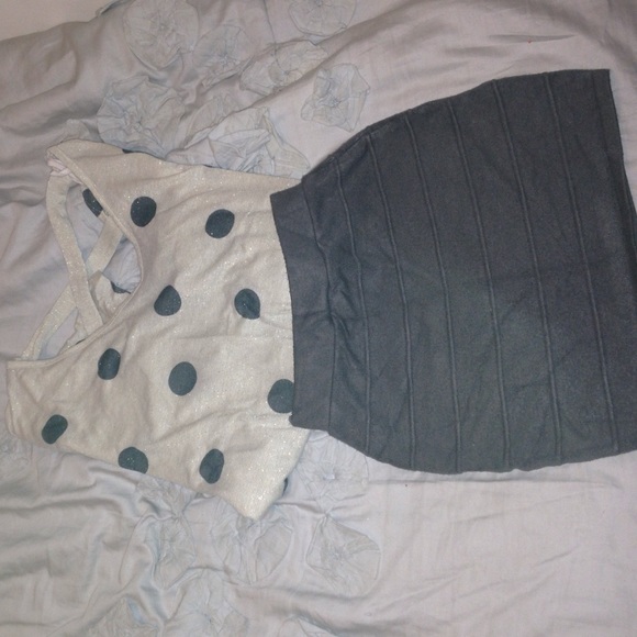 Cream polka dot shirt w/ Gold & grey Bandage skirt