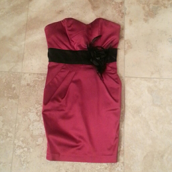 Red satin strapless Bebe dress