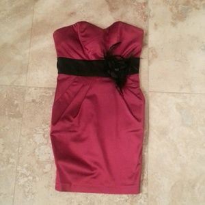 Red satin strapless Bebe dress