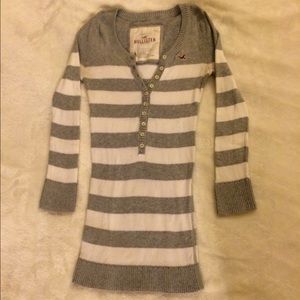 Hollister Grey & White Striped Henley Sweater
