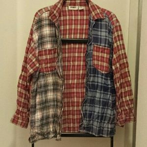 Red, white, and blue plaid flannel overshirt