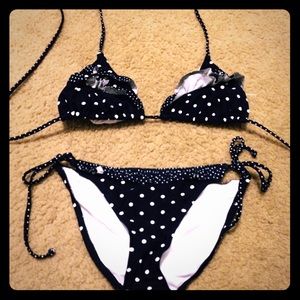Blue ruffle polka dot bikini.
