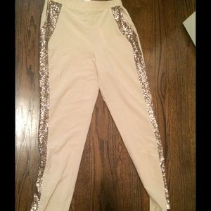 Rayon tan tuxedo slacks/sequin stripe on the sides