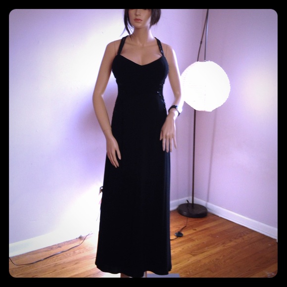 Long Black Evening Gown w/beaded appliqués