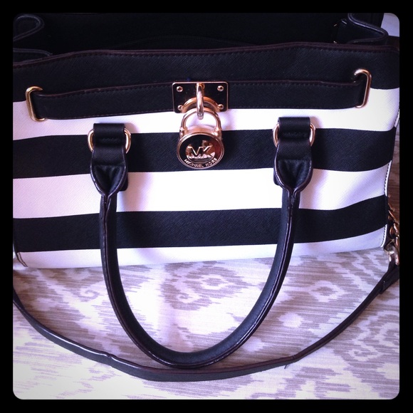 Michael Kors Handbags - BLACK AND WHITE STRIPE MK HAND BAG