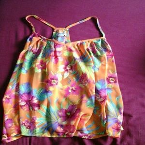 Arizona sheer orange hawaiian print v cut top