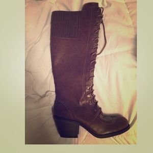 Olive/grey colored knee high boots