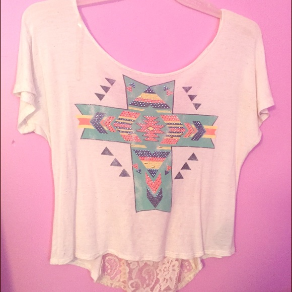 Creme shirt with colorful cross with gems