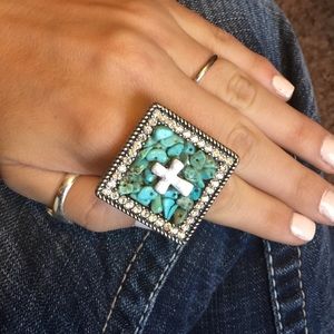 Turquoise cross stretchy ring