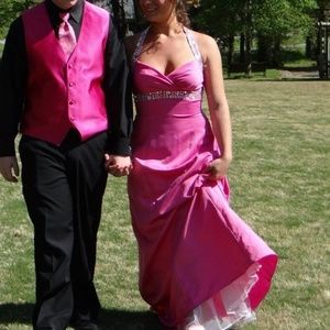 Pink jeweled halter prom dress
