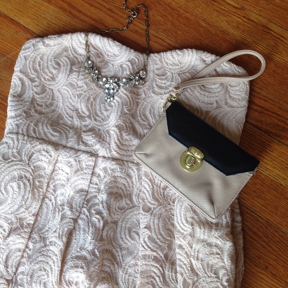 Beige / Tan sweetheart strapless lace dress