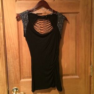 GUESS Black top with silver beaded sleeves