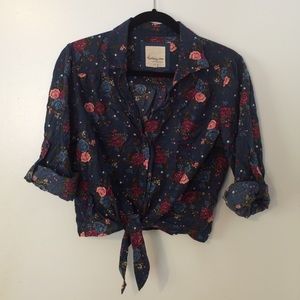 Navy Blue Floral Cropped Tie Blouse