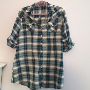 Long Sleeve Blue, White, and Brown Flannel Shirt