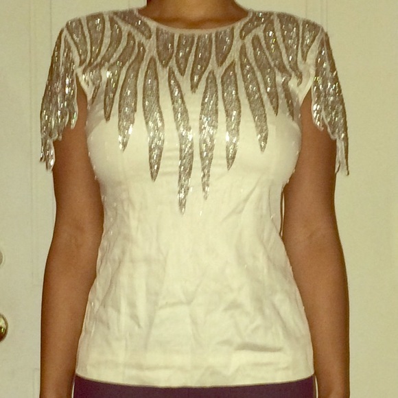 Cream top with white and silver beading - Picture 1 of 4
