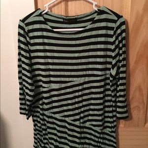 Mint green and black striped shirt.