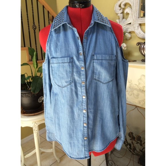 Forever 21 Chambray Cut Out Shoulder Top