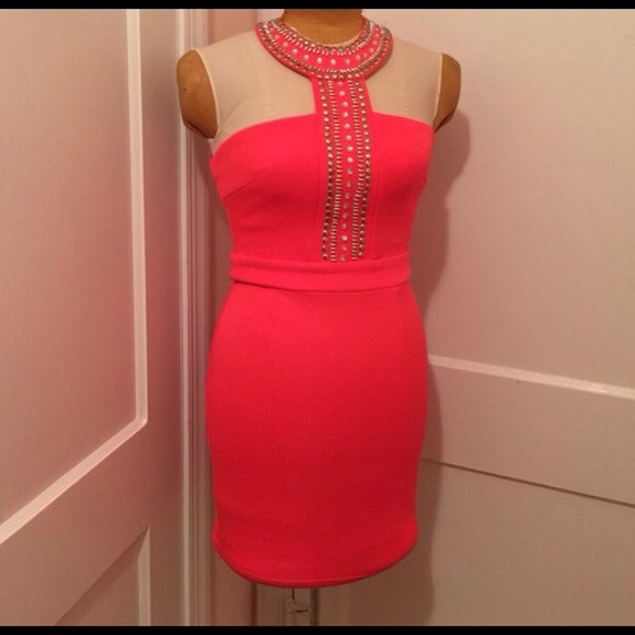 Short Coral Embellished Dress