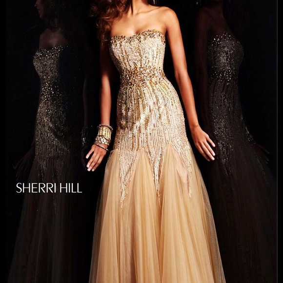 Sherri Hill Gold Sequin Beaded Prom/Formal Dress - Picture 3 of 4