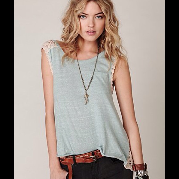 Free People Tops - Free People Aqua Crochet Back Muscle Tank